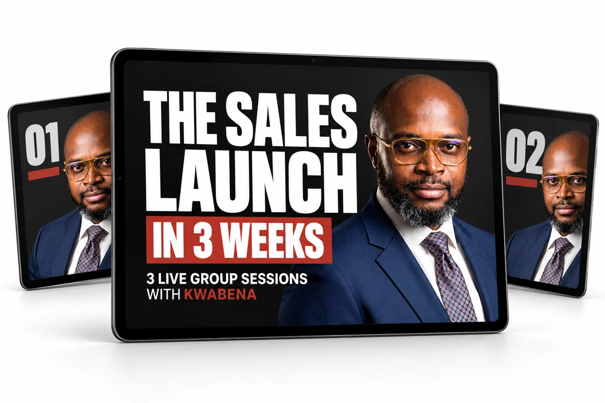 The Sales Launch in 3 Weeks: three live group sessions with Kwabena, shown on tablet mockups