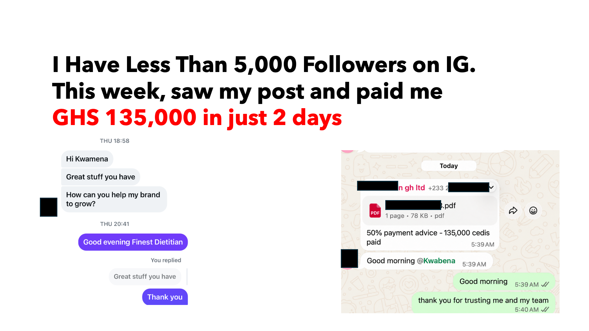WhatsApp chat confirming a GHS 135,000 payment