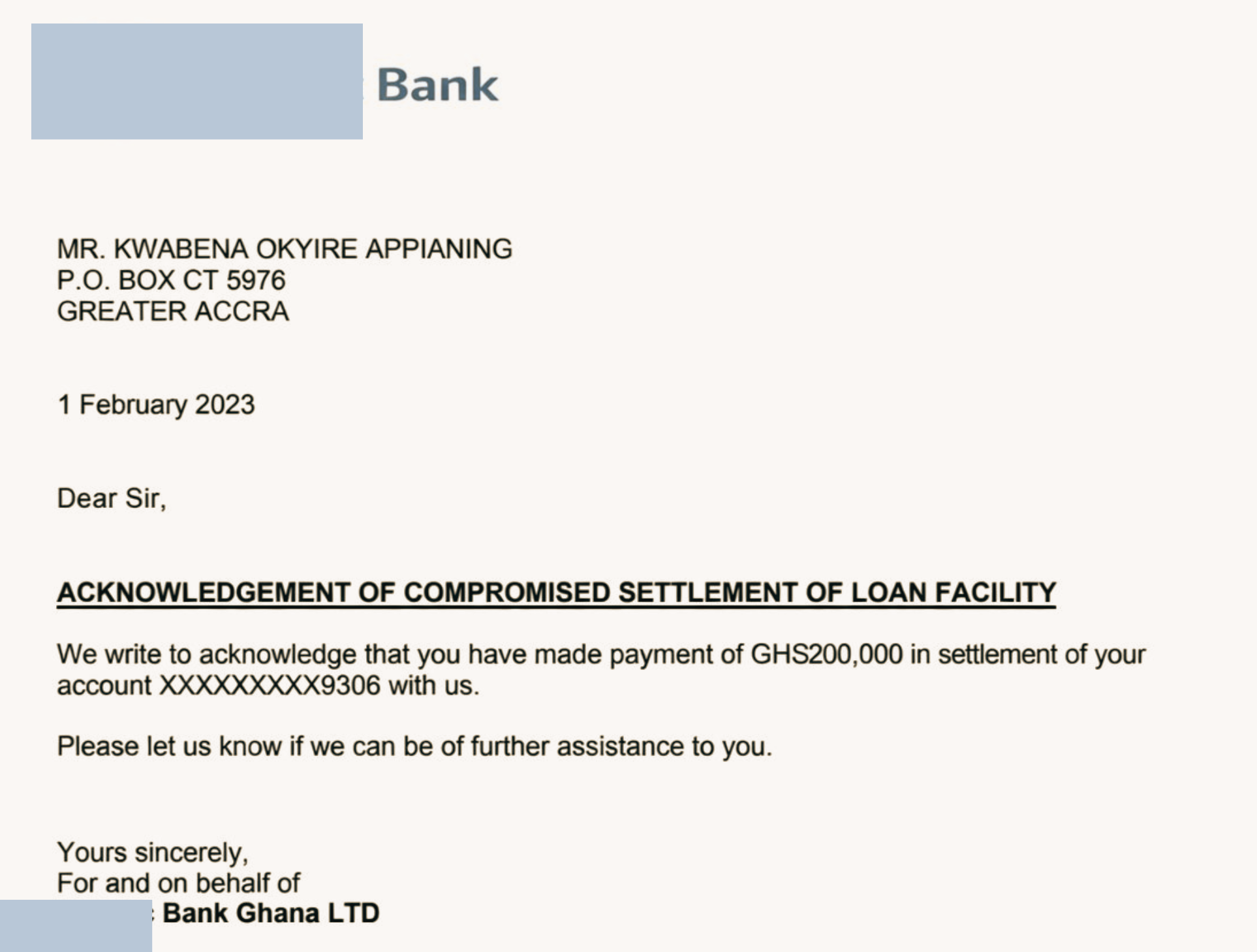 Bank letter acknowledging a GHS 200,000 loan settlement on 1 February 2023